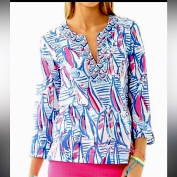 Lilly Pulitzer Amelia Tunic shirt top size small Red Right Return White blue - Picture 1 of 9
